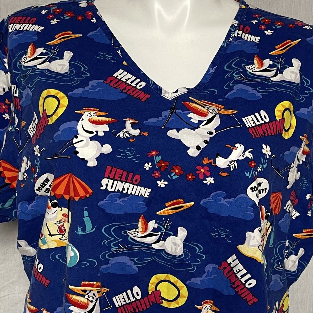 Disney Parks Olaf Blue Nurse Scrub Top 2 pockets Hello Sunshine Beach Size 2XL